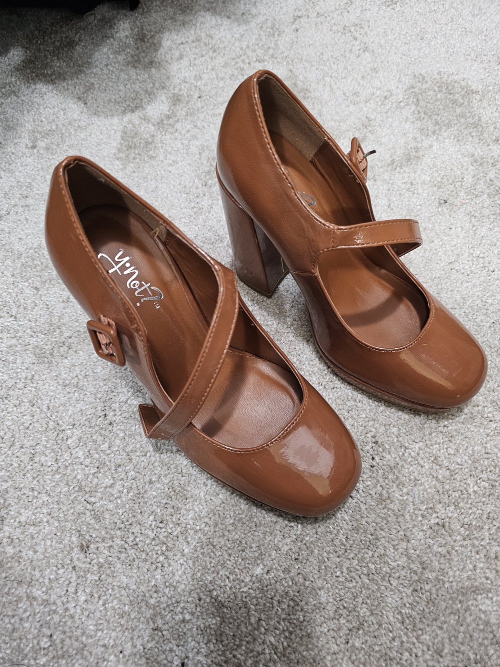 Retro Patent Mary Jane Block Heels in Cognac Brown
